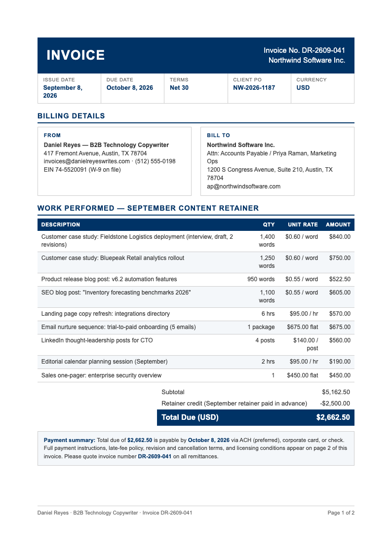 Corporate standard freelance writer invoice